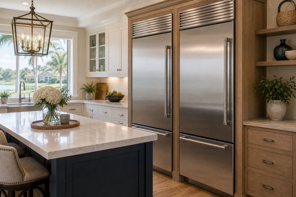 Paired Sub-Zero built-in columns flush-installed in a Twenty Mile custom kitchen in Nocatee