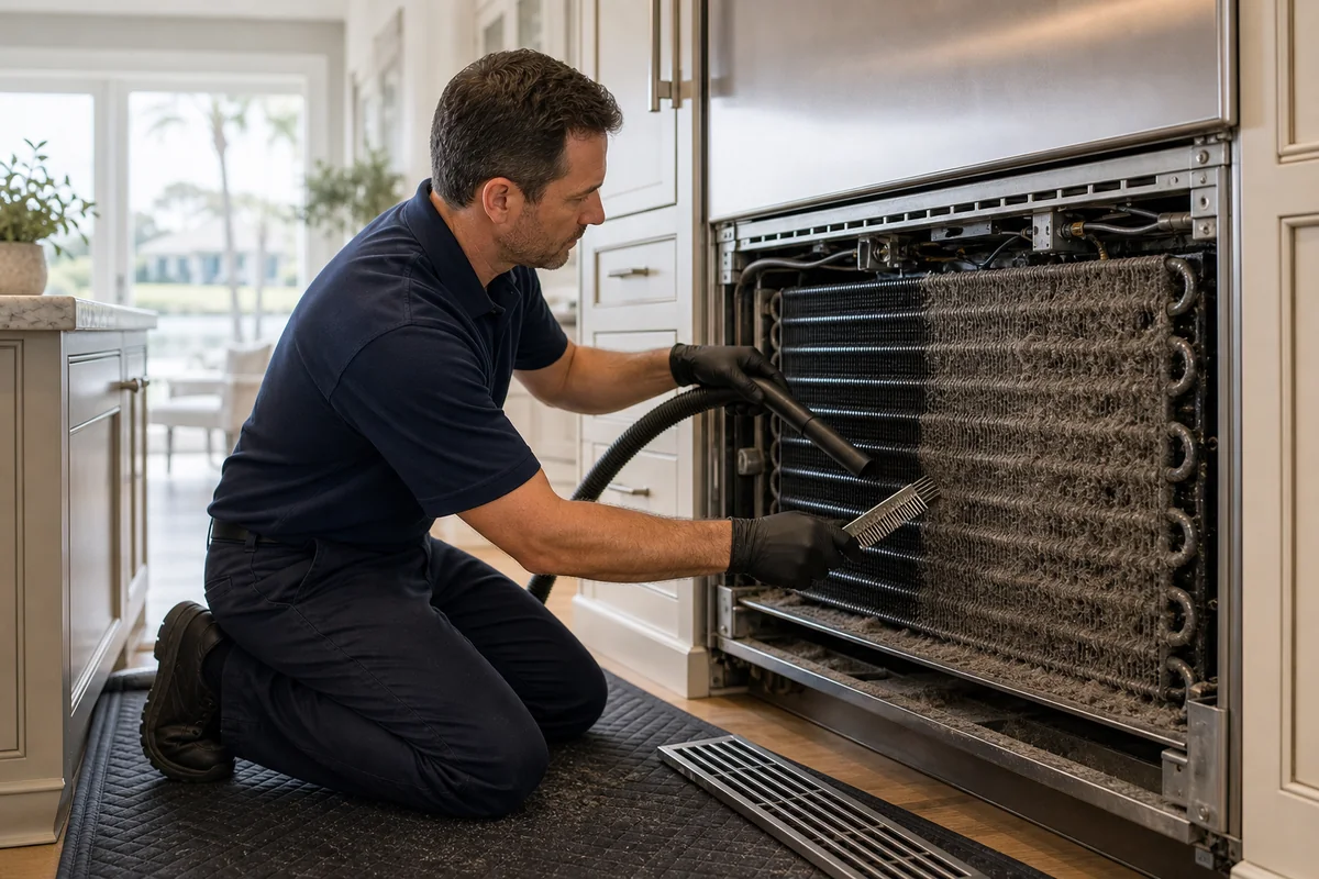 Technician vacuuming dust from the condenser coil behind the kickplate of a Sub-Zero BI-36U in a Nocatee kitchen