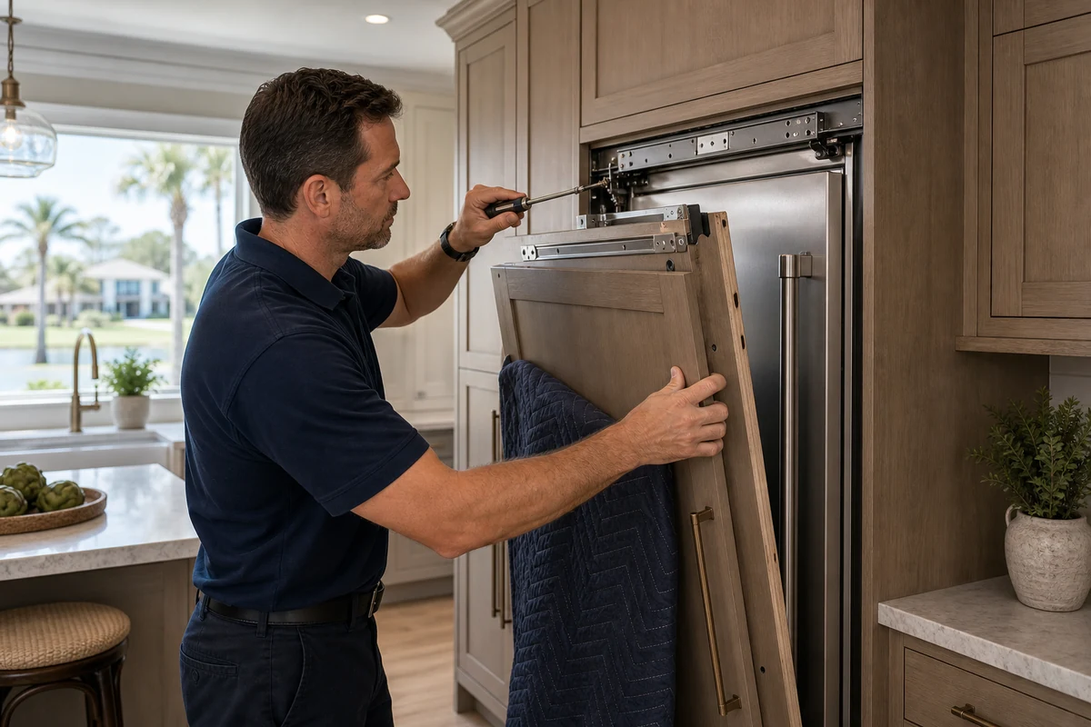 Technician removing a custom wood panel from a flush Sub-Zero IC-30 column in an Anthem Ridge kitchen