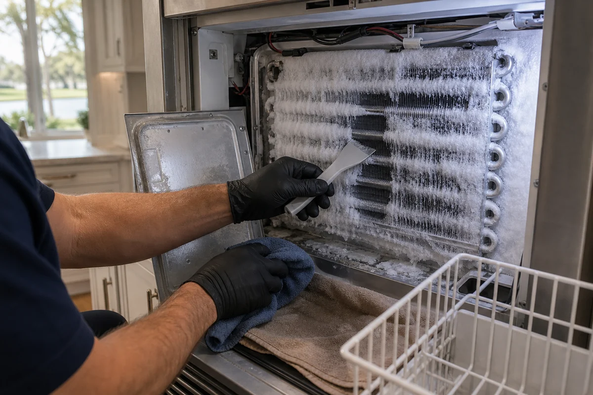 Technician clearing an iced evaporator panel inside a Sub-Zero freezer compartment in a Nocatee home